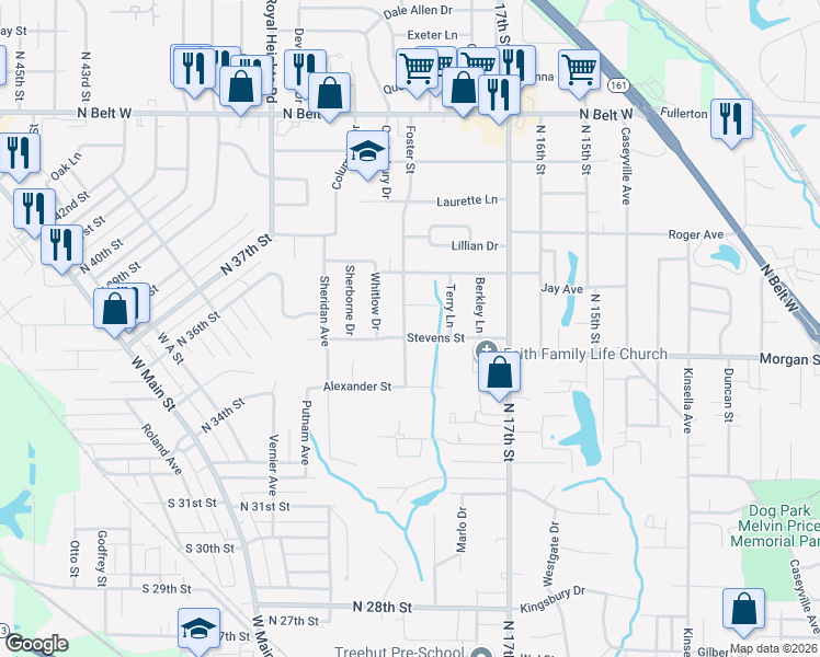 map of restaurants, bars, coffee shops, grocery stores, and more near 1600 Foster Drive in Belleville