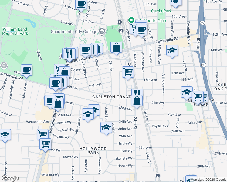 map of restaurants, bars, coffee shops, grocery stores, and more near 4401 23rd Street in Sacramento