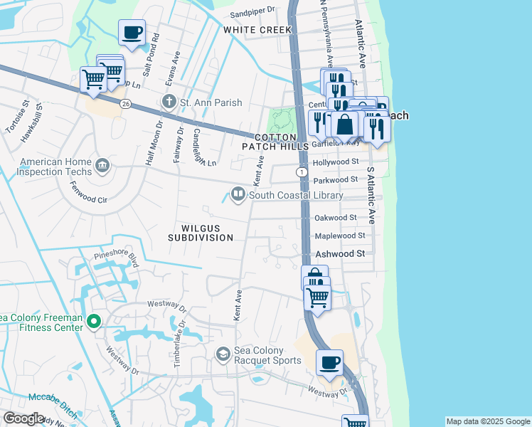 map of restaurants, bars, coffee shops, grocery stores, and more near 321 Oakwood Street in Bethany Beach