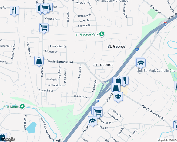 map of restaurants, bars, coffee shops, grocery stores, and more near 4808 Reavis Barracks Road in Affton