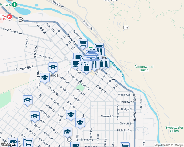 map of restaurants, bars, coffee shops, grocery stores, and more near 148 East 2nd Street in Salida
