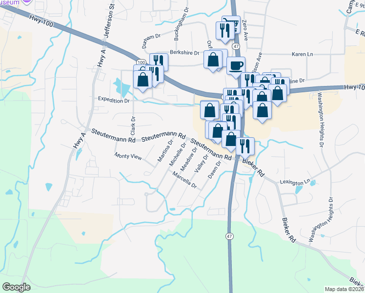 map of restaurants, bars, coffee shops, grocery stores, and more near 405 Michelle Drive in Washington