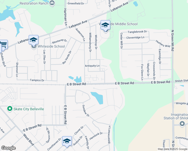 map of restaurants, bars, coffee shops, grocery stores, and more near 415 Williamsburg Drive in Belleville
