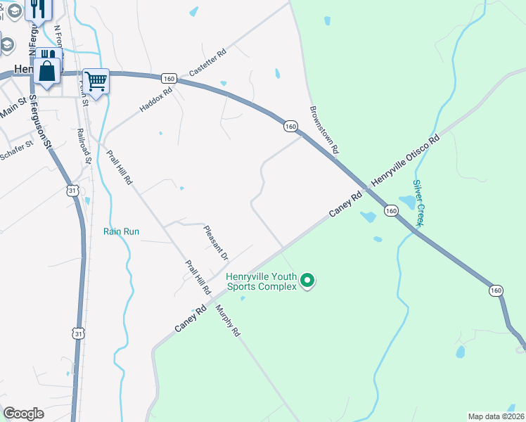 map of restaurants, bars, coffee shops, grocery stores, and more near 3711 Caney Road in Henryville