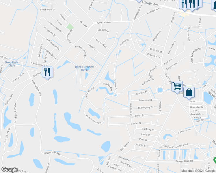 map of restaurants, bars, coffee shops, grocery stores, and more near 32997 Venezia Way in Ocean View