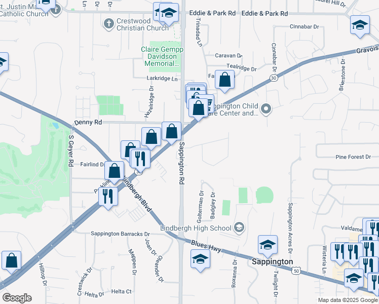 map of restaurants, bars, coffee shops, grocery stores, and more near 2 Westminster Drive in Sappington