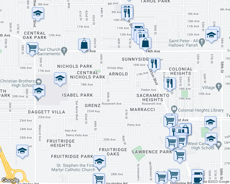 map of restaurants, bars, coffee shops, grocery stores, and more near 4516 Parker Avenue in Sacramento