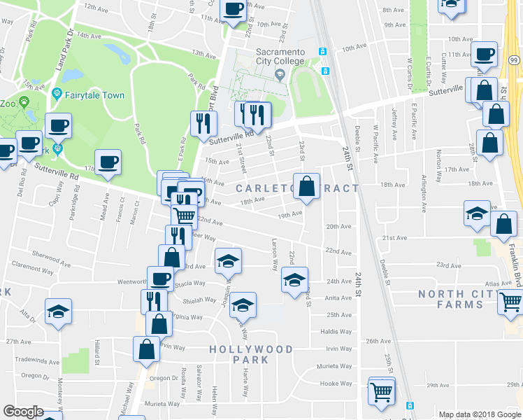 map of restaurants, bars, coffee shops, grocery stores, and more near 2125 20th Avenue in Sacramento