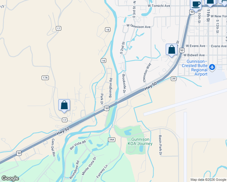 map of restaurants, bars, coffee shops, grocery stores, and more near 80-212 Bevington Road in Gunnison
