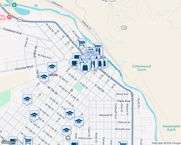 map of restaurants, bars, coffee shops, grocery stores, and more near 148 East 2nd Street in Salida