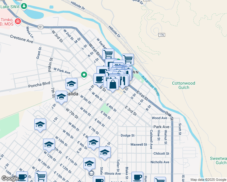 map of restaurants, bars, coffee shops, grocery stores, and more near 211 F Street in Salida