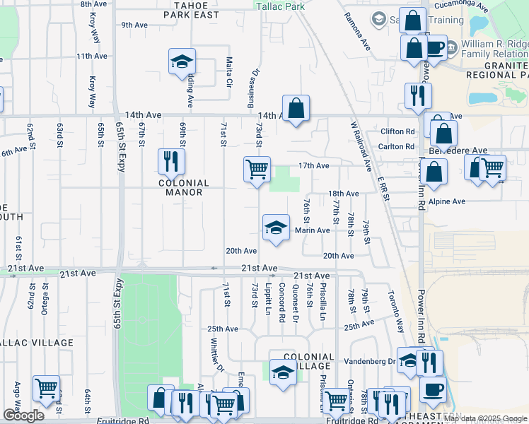 map of restaurants, bars, coffee shops, grocery stores, and more near 4345 73rd Street in Sacramento