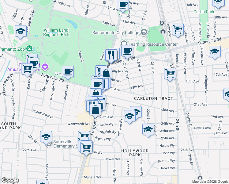 map of restaurants, bars, coffee shops, grocery stores, and more near 2036 20th Avenue in Sacramento
