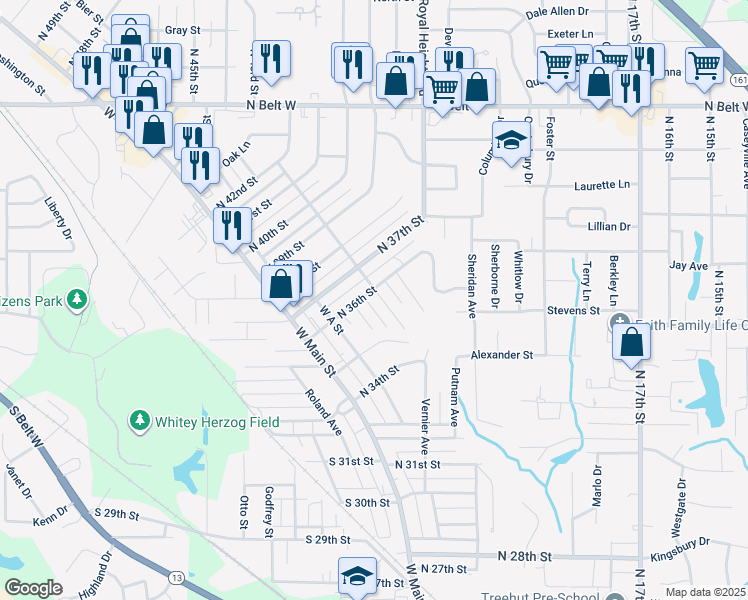 map of restaurants, bars, coffee shops, grocery stores, and more near 3538 Summit Avenue in Belleville