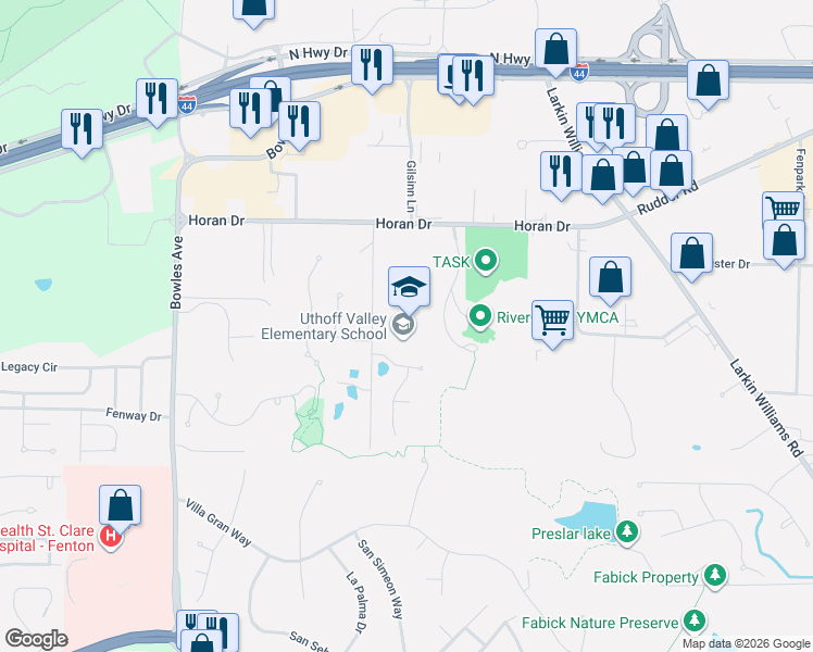 map of restaurants, bars, coffee shops, grocery stores, and more near 1600 Uthoff Drive in Fenton