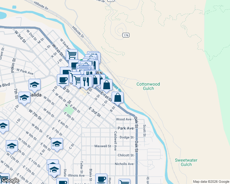 map of restaurants, bars, coffee shops, grocery stores, and more near 402 East Sackett Avenue in Salida
