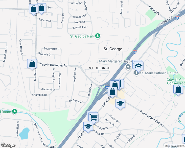 map of restaurants, bars, coffee shops, grocery stores, and more near 10069 North Bunker Hill Drive in St. Louis