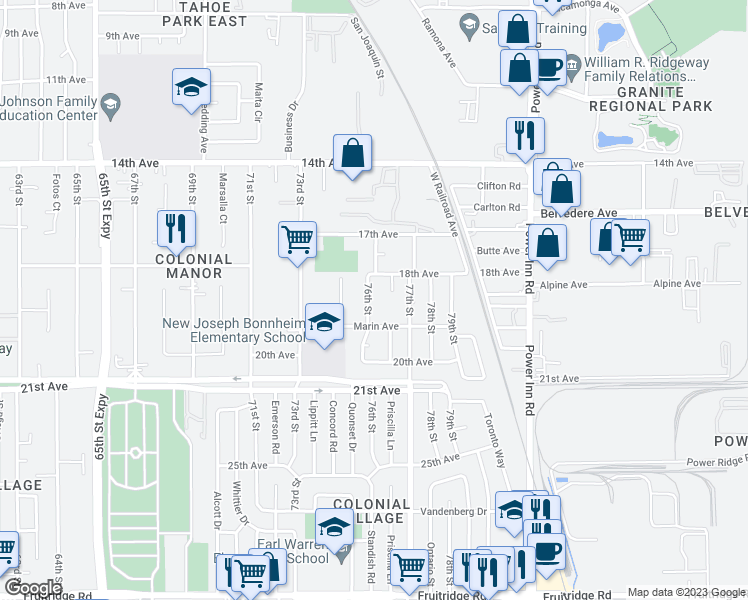 map of restaurants, bars, coffee shops, grocery stores, and more near 4409 76th Street in Sacramento