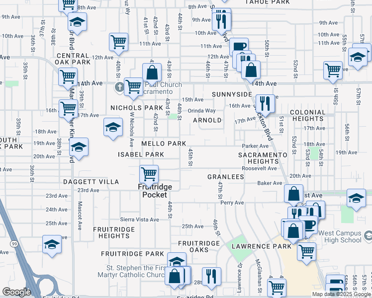 map of restaurants, bars, coffee shops, grocery stores, and more near 4416 Parker Avenue in Sacramento