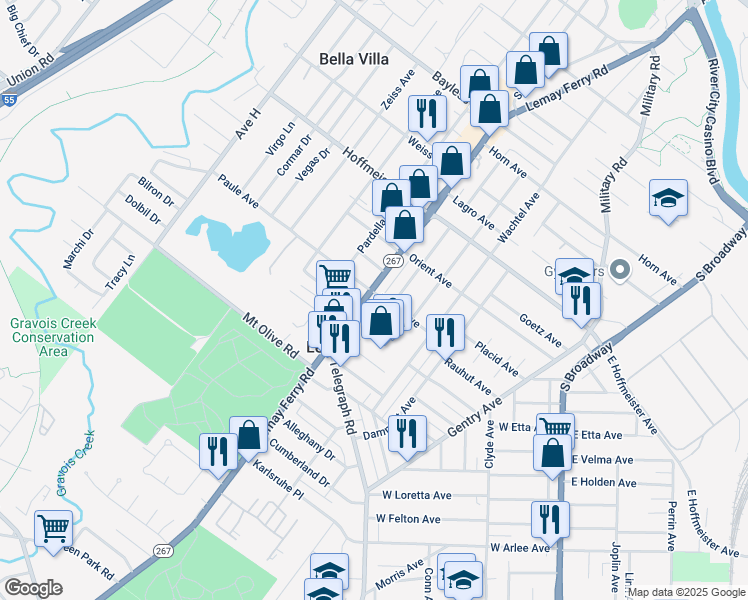 map of restaurants, bars, coffee shops, grocery stores, and more near 1000 Lemay Ferry Road in St. Louis