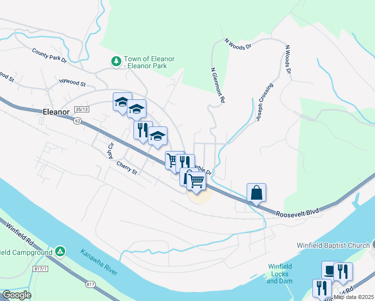 map of restaurants, bars, coffee shops, grocery stores, and more near 110 East Fir Street in Eleanor