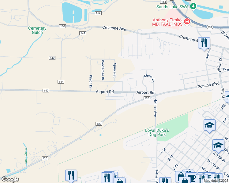 map of restaurants, bars, coffee shops, grocery stores, and more near 555 Airport Road in Salida