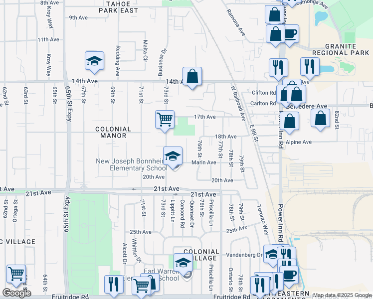 map of restaurants, bars, coffee shops, grocery stores, and more near Hoopa Court in Sacramento