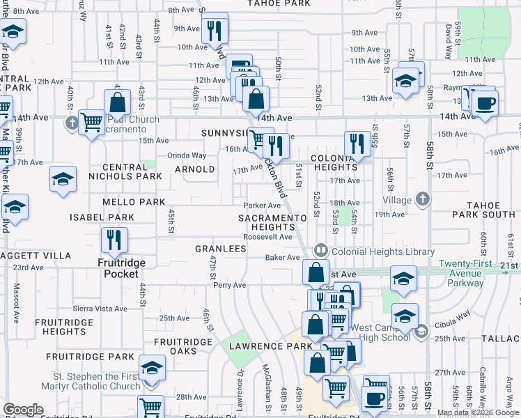 map of restaurants, bars, coffee shops, grocery stores, and more near 4816 Parker Avenue in Sacramento