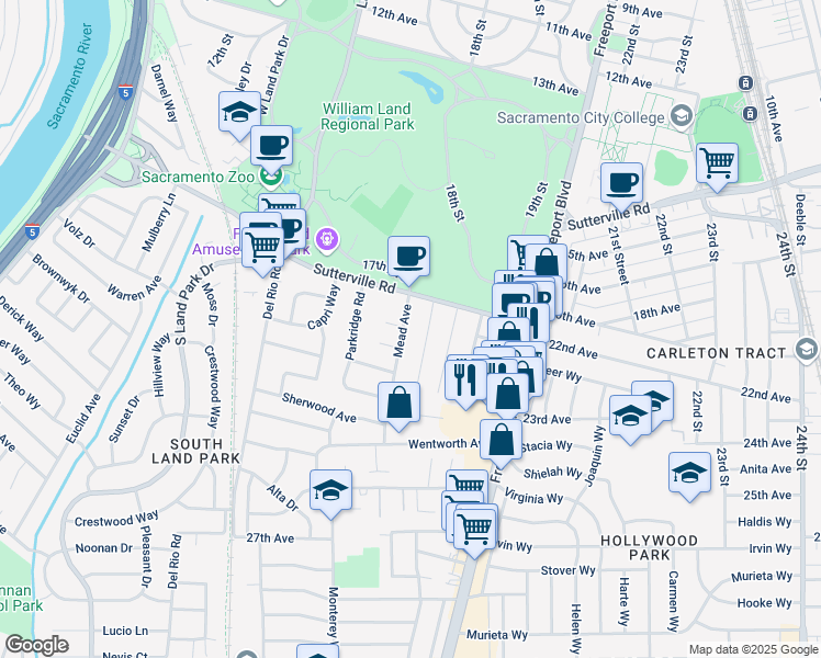 map of restaurants, bars, coffee shops, grocery stores, and more near 4501 Mead Avenue in Sacramento