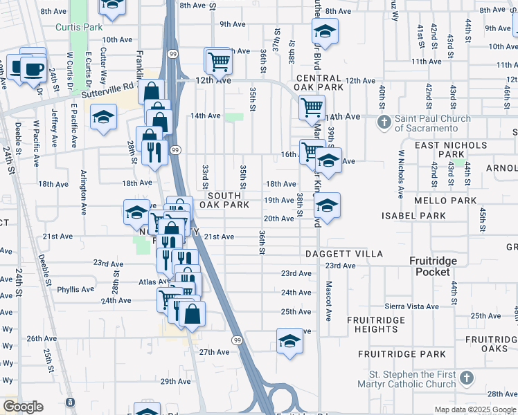 map of restaurants, bars, coffee shops, grocery stores, and more near 4406 36th Street in Sacramento