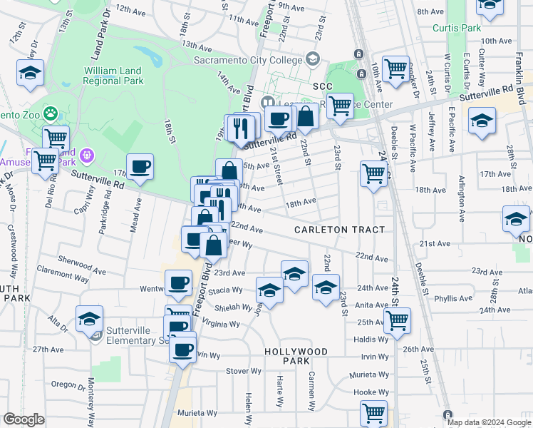 map of restaurants, bars, coffee shops, grocery stores, and more near 2070 20th Avenue in Sacramento