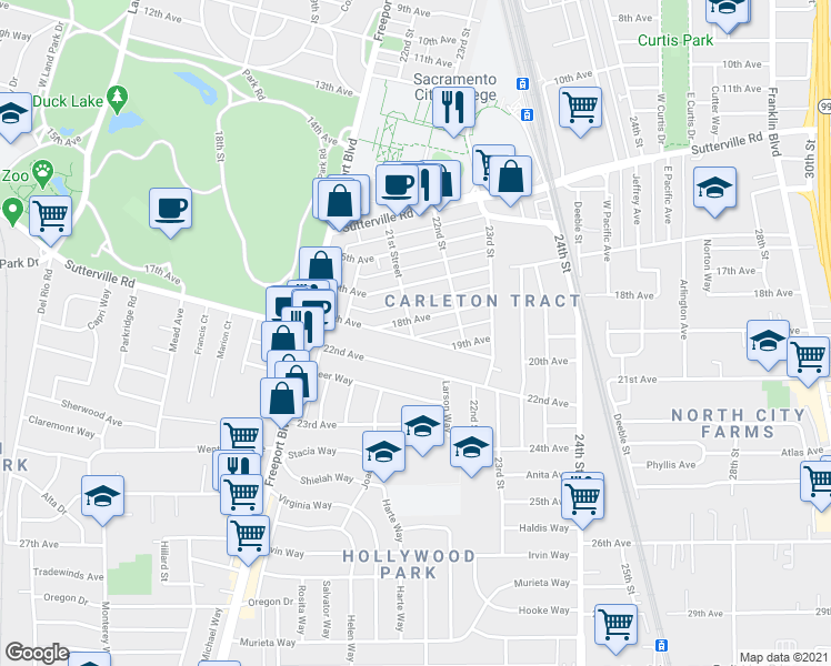 map of restaurants, bars, coffee shops, grocery stores, and more near 4311 21st Street in Sacramento
