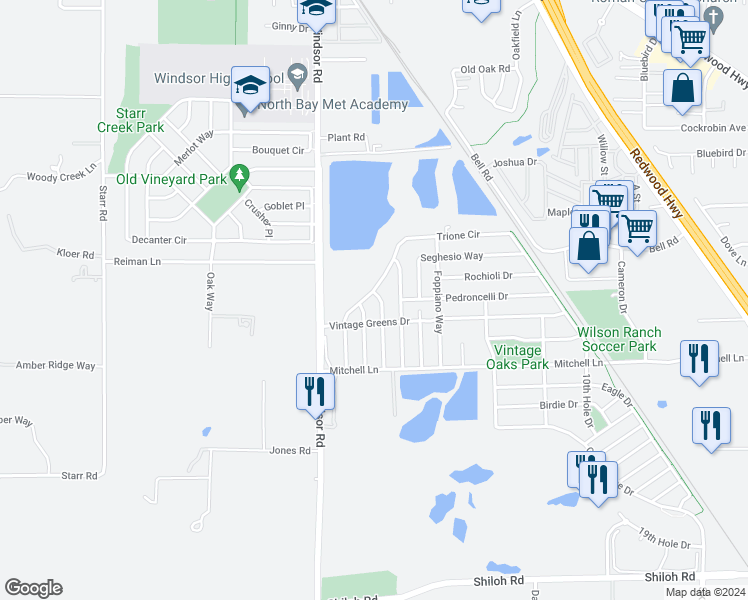 map of restaurants, bars, coffee shops, grocery stores, and more near 8085 Leno Drive in Windsor