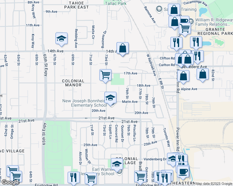 map of restaurants, bars, coffee shops, grocery stores, and more near 19 Hoopa Court in Sacramento