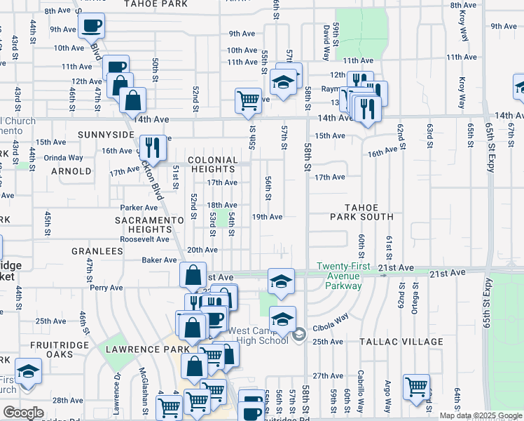 map of restaurants, bars, coffee shops, grocery stores, and more near 5511 19th Avenue in Sacramento