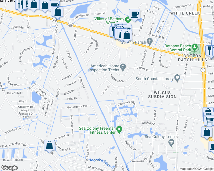 map of restaurants, bars, coffee shops, grocery stores, and more near 602 Holly Court in Bethany Beach