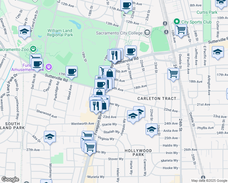 map of restaurants, bars, coffee shops, grocery stores, and more near 2030 20th Avenue in Sacramento
