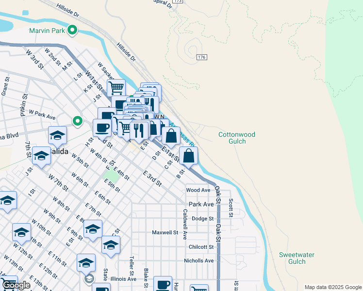 map of restaurants, bars, coffee shops, grocery stores, and more near 329 West Sackett Avenue in Salida