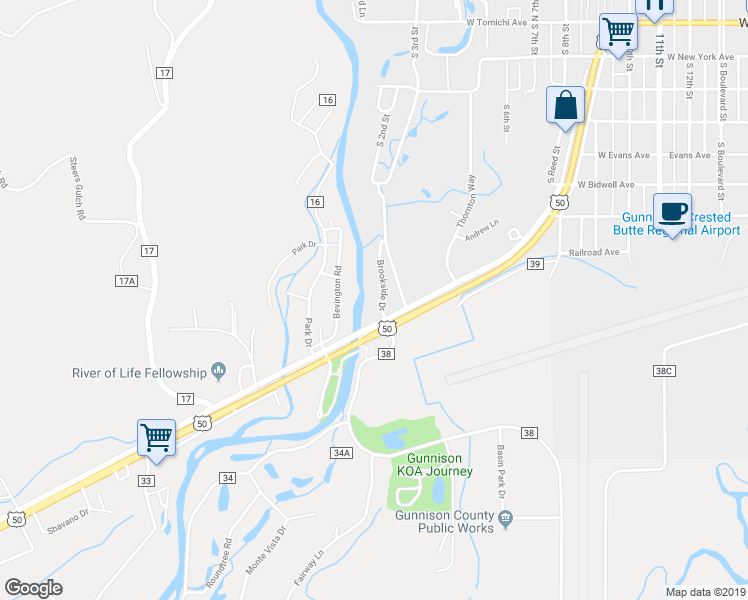 map of restaurants, bars, coffee shops, grocery stores, and more near 1200 U.S. 50 Frontage in Gunnison