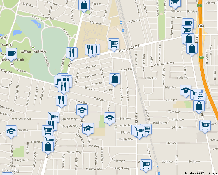 map of restaurants, bars, coffee shops, grocery stores, and more near 4350 22nd Street in Sacramento