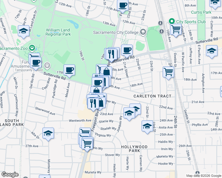 map of restaurants, bars, coffee shops, grocery stores, and more near 2036 20th Avenue in Sacramento