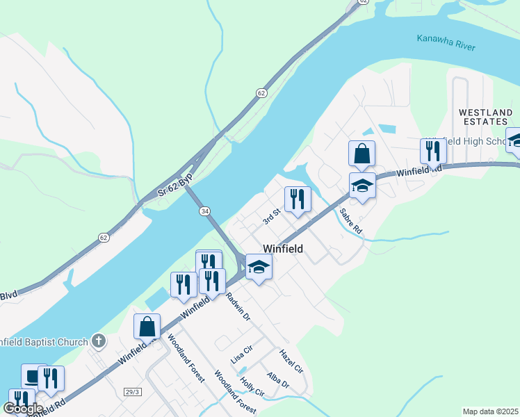 map of restaurants, bars, coffee shops, grocery stores, and more near 14 2nd Street in Winfield