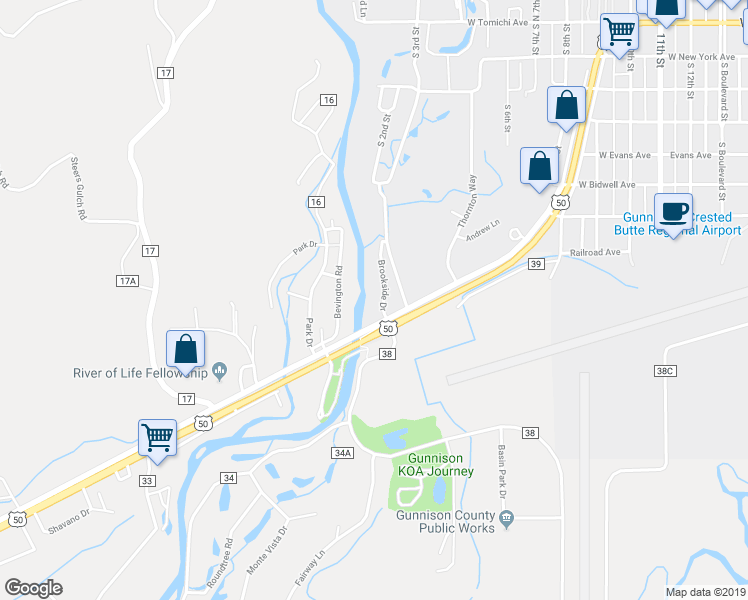 map of restaurants, bars, coffee shops, grocery stores, and more near 1200 U.S. 50 Frontage in Gunnison