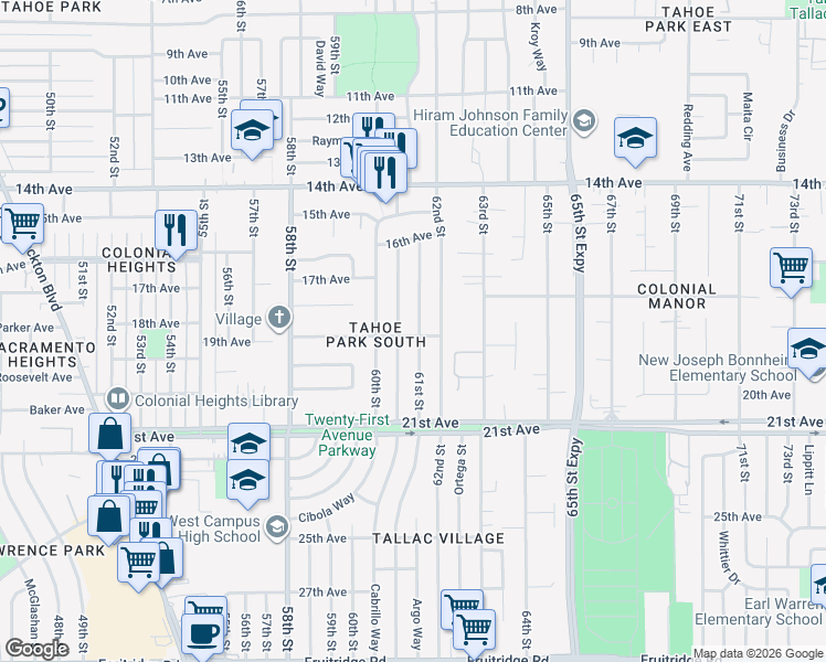 map of restaurants, bars, coffee shops, grocery stores, and more near 6051 19th Avenue in Sacramento