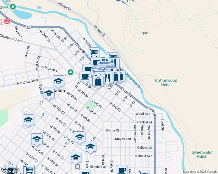 map of restaurants, bars, coffee shops, grocery stores, and more near 148 East 2nd Street in Salida