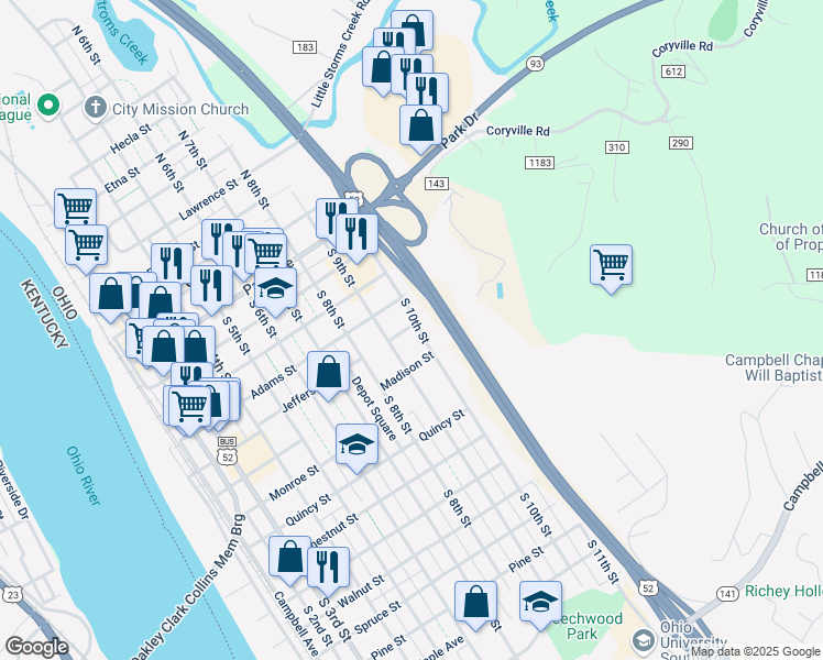map of restaurants, bars, coffee shops, grocery stores, and more near 602 South 10th Street in Ironton