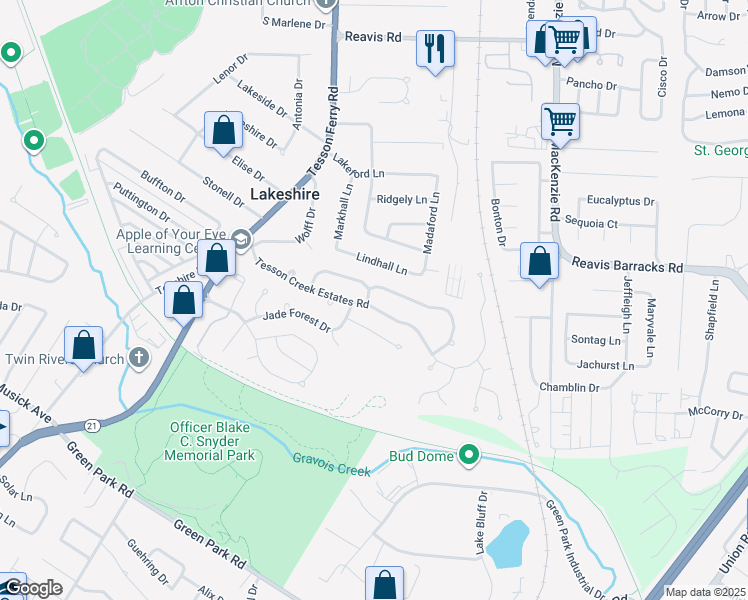 map of restaurants, bars, coffee shops, grocery stores, and more near 9875 Tesson Creek Estates Road in Affton