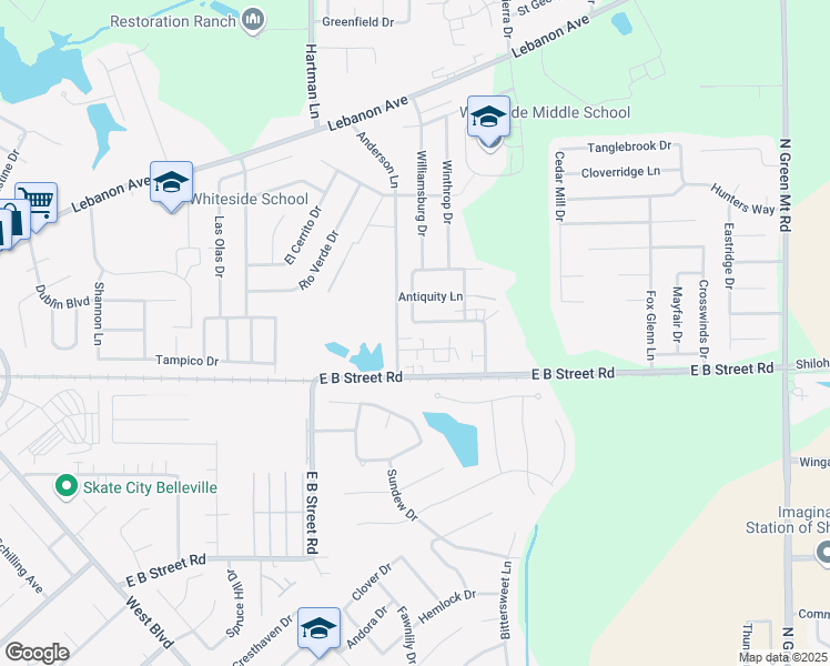 map of restaurants, bars, coffee shops, grocery stores, and more near 415 Williamsburg Drive in Belleville