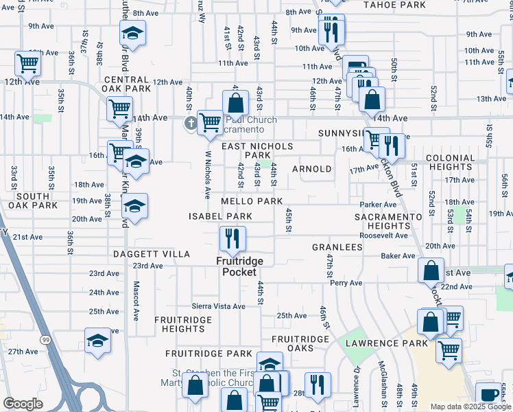 map of restaurants, bars, coffee shops, grocery stores, and more near 4413 Mello Court in Sacramento