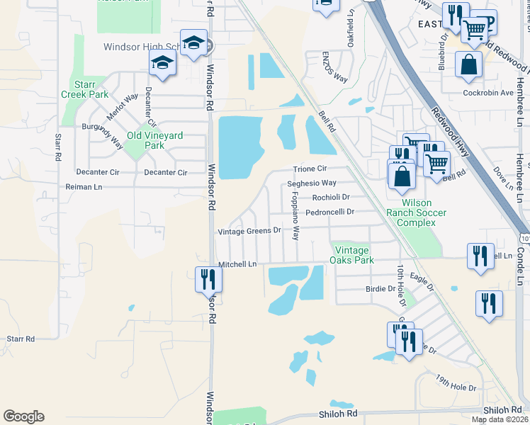 map of restaurants, bars, coffee shops, grocery stores, and more near 7985 Ferrari Way in Windsor